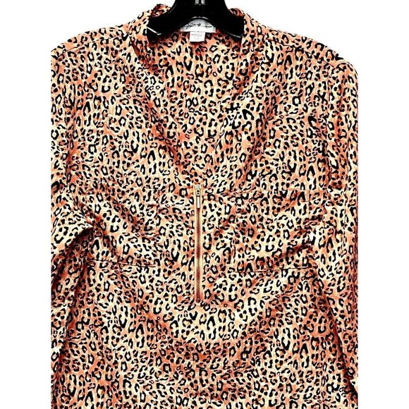 Jaclyn Smith Tops - Jaclyn Smith Top Blouse Peach Leopard Relaxed Fit 3/4 Sleeve Sz Lg Zip V Neck